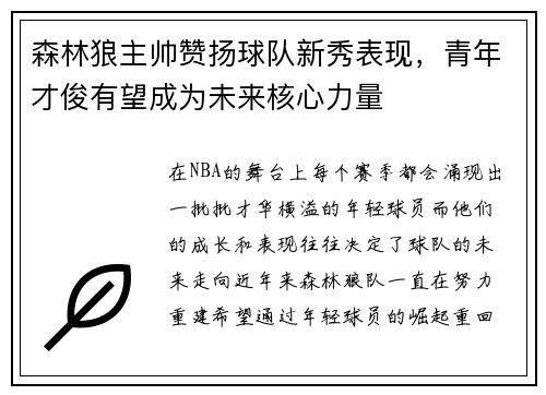 森林狼主帅赞扬球队新秀表现，青年才俊有望成为未来核心力量